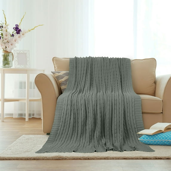 PiccoCasa Cotton Knitt Throw Blanket Decorative Cable Knitted Blanket for Couch, Chair, Grey 50" x 60"