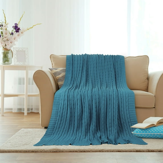PiccoCasa Cotton Knitted Blanket Throw Blanket for Couch, Bed, Sofa, Travel, Bondi Blue 50" x 60"