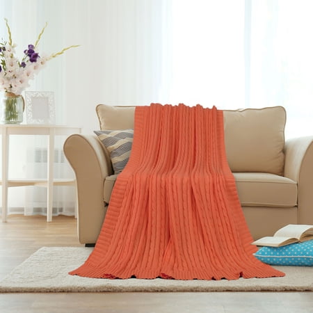 PiccoCasa Cotton Knitted Blanket Throw Blanket for Couch, Bed, Sofa, Travel, Orange 47" x 70"