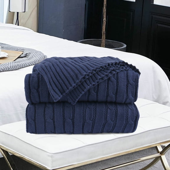 PiccoCasa Cotton Knitted Throw Blanket Soft Warm Cable Knit Blanket,120x180cm, Navy Blue
