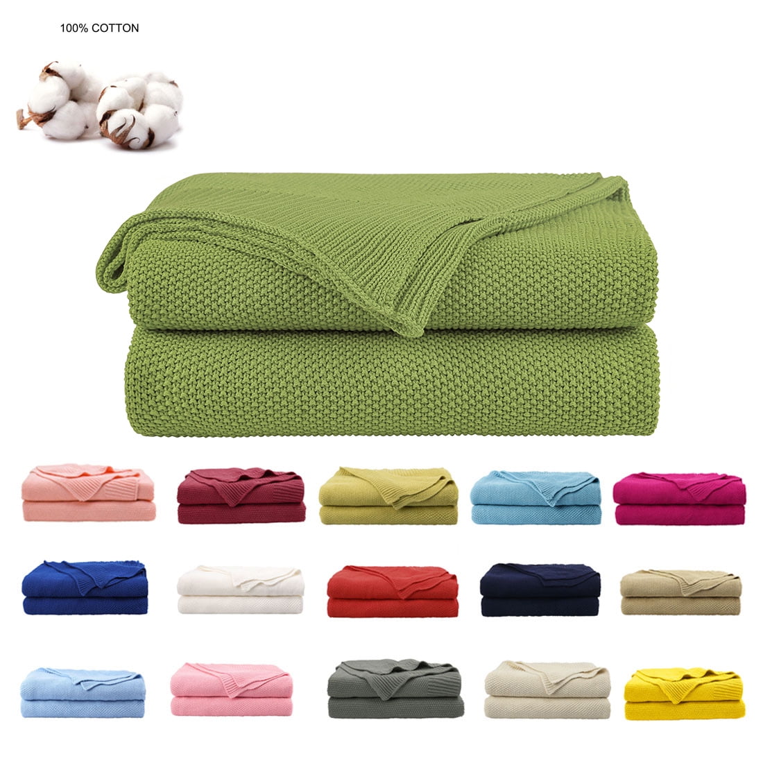 Grass Green Cotton Knit Soft Throw Blanket, 50" x 70"