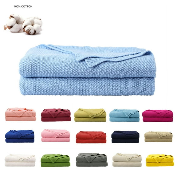 PiccoCasa Cotton Knitted Throw Blanket for Sofa Couch, Pale Blue 50" x 60"