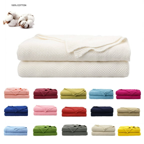 PiccoCasa Cotton Knitted Throw Blanket for Sofa Couch, White 50" x 60"