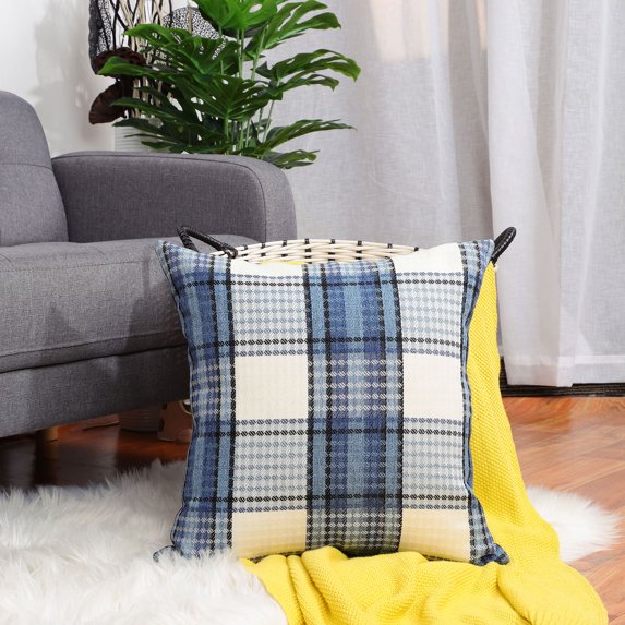 PiccoCasa Cotton Linen Throw Pillowcase 18"x18" Plaid Sofa Cushion Cover, Blue , White
