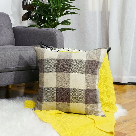 PiccoCasa Cotton Linen Throw Pillowcase 22"x22" Plaid Sofa Cushion Cover, Brown , Khaki