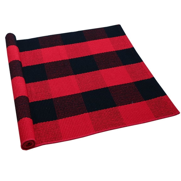 PiccoCasa Cotton Plaid Area Rug Checkered Rug for Porch, Red Black 35"x24"