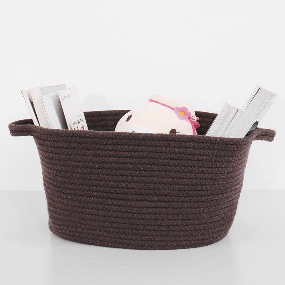 PiccoCasa Cotton Rope Storage Bins Baskets with Handles for Shelves, Oval, Brown