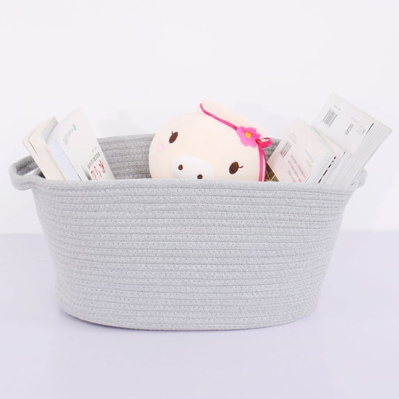 PiccoCasa Cotton Rope Storage Bins Baskets with Handles for Shelves, Oval, Gray