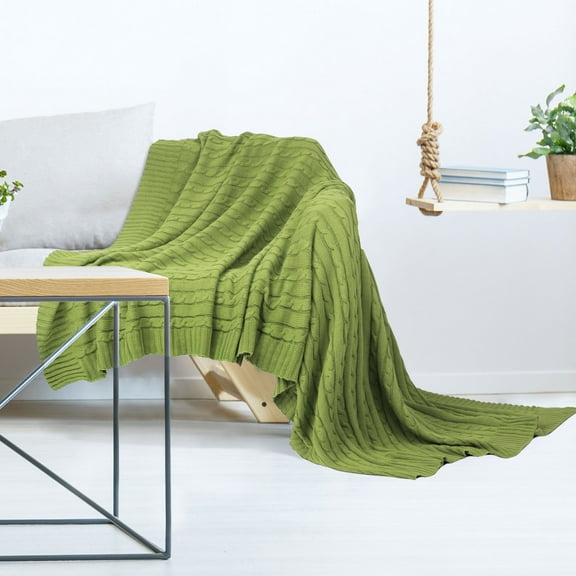 PiccoCasa Cotton Throw Blanket Cable Knit Decorative Blanket, Green 50"x60"