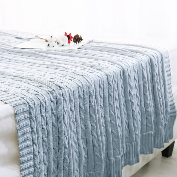 PiccoCasa Cotton Throw Blanket Cable Knit Decorative Blanket, Light Blue 50"x60"
