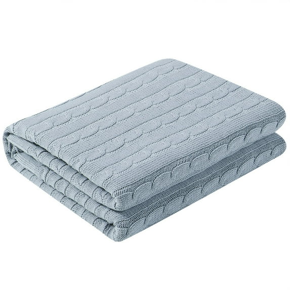 PiccoCasa Cotton Throw Blanket Cable Knit Decorative Blanket, Light Blue 60"x78"