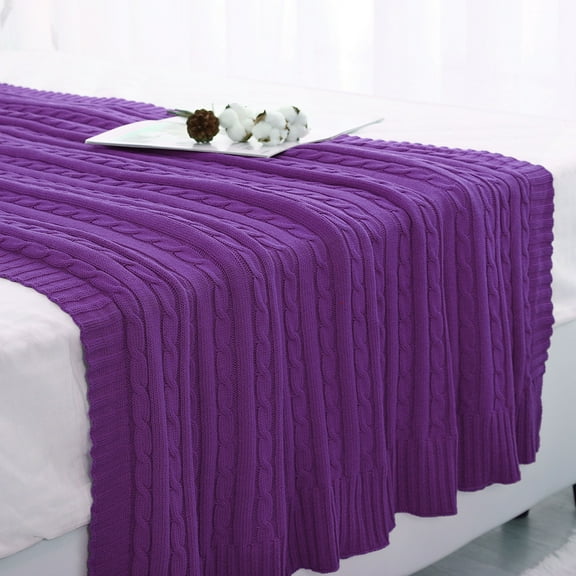 PiccoCasa Cotton Throw Blanket Cable Knit Decorative Blanket, Purple 47"x70"