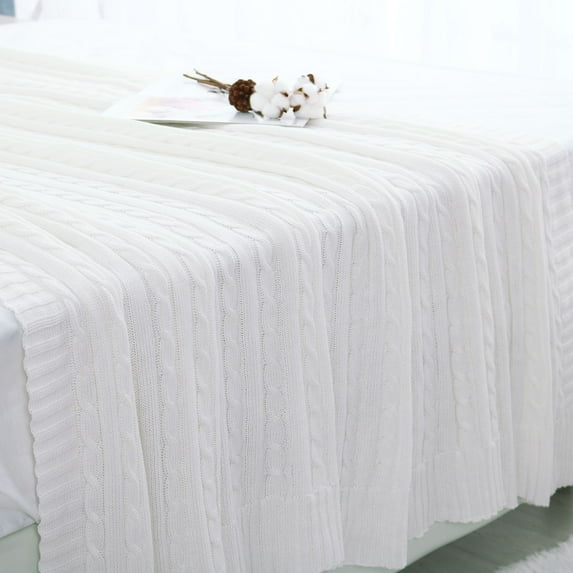 PiccoCasa Cotton Throw Blanket Cable Knit Decorative Blanket, White 70"x78"