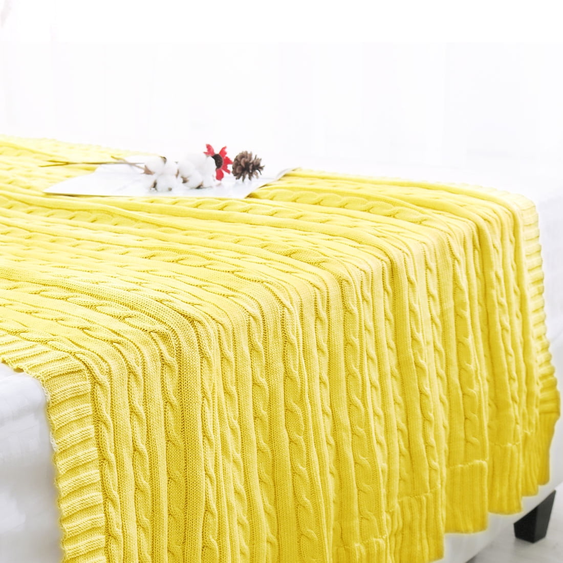 PiccoCasa Cotton Throw Blanket Cable Knit Decorative Blanket Yellow 70 x78 Walmart Business Supplies
