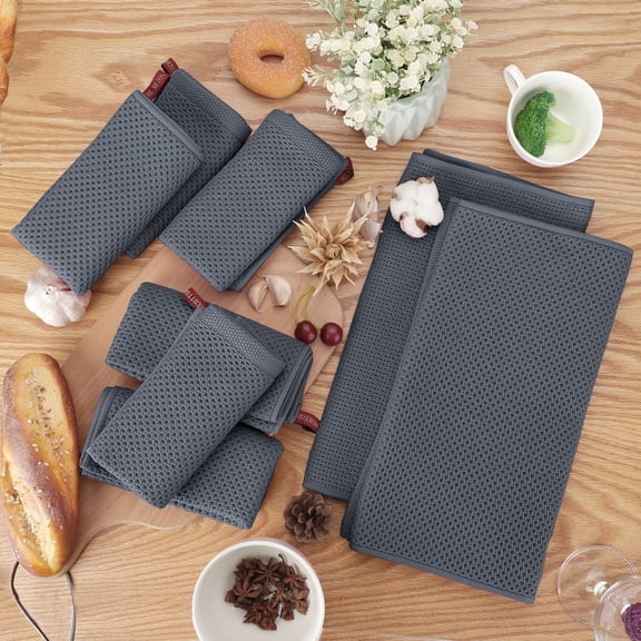 PiccoCasa Cotton Waffle Weave Kitchen Dish Hand Towels Set 8PCS Dark Gray