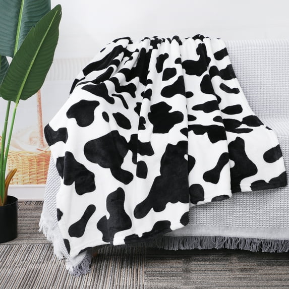 PiccoCasa Cow Printed Flannel Throw Blanket Soft 300GSM Black and White 51" x 59"