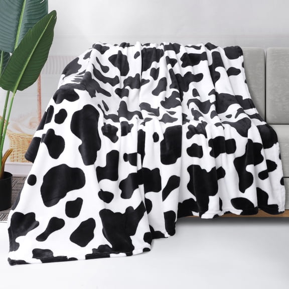 PiccoCasa Cow Printed Flannel Throw Blanket Soft 300GSM Black and White 59" x 79"