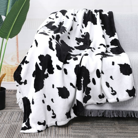 PiccoCasa Cow Printed Soft 300GSM Flannel Throw Blanket Sofa Bed Black 39" x 51"