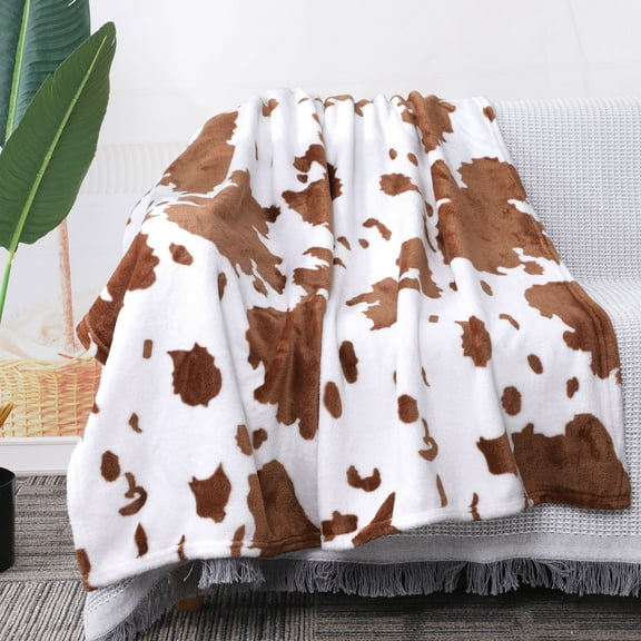 PiccoCasa Cow Printed Soft 300GSM Flannel Throw Blanket Sofa Bed Brown 39" x 51"