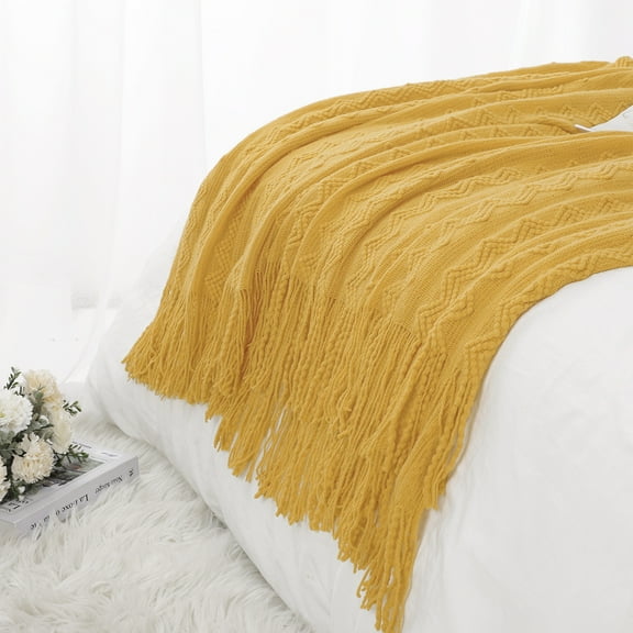 PiccoCasa Decorative Knitted Throw Blanket with Fringe for Couch Bed Sofa Yellow