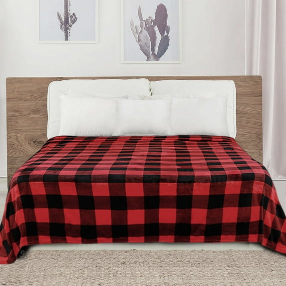 PiccoCasa Decorative Plaid Flannel Fleece Blanket, Red and Black King-90"*102"