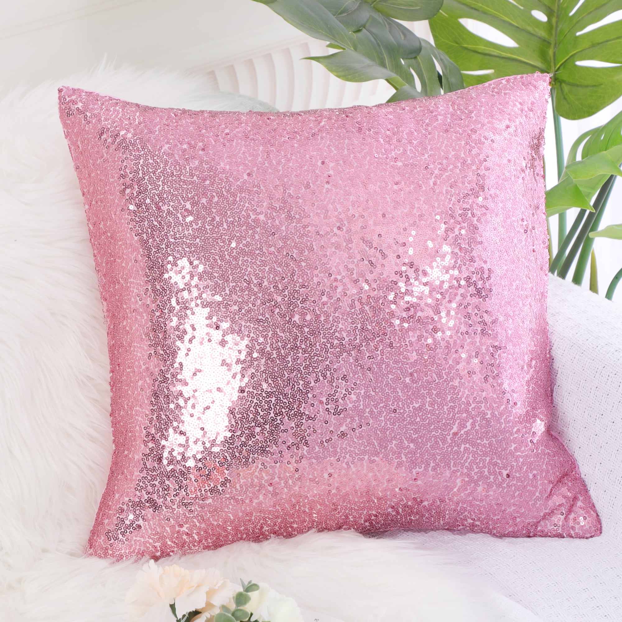 PiccoCasa Decorative Sequin Throw Pillow Covers, 16"x16" Cushion Covers for Party Pink