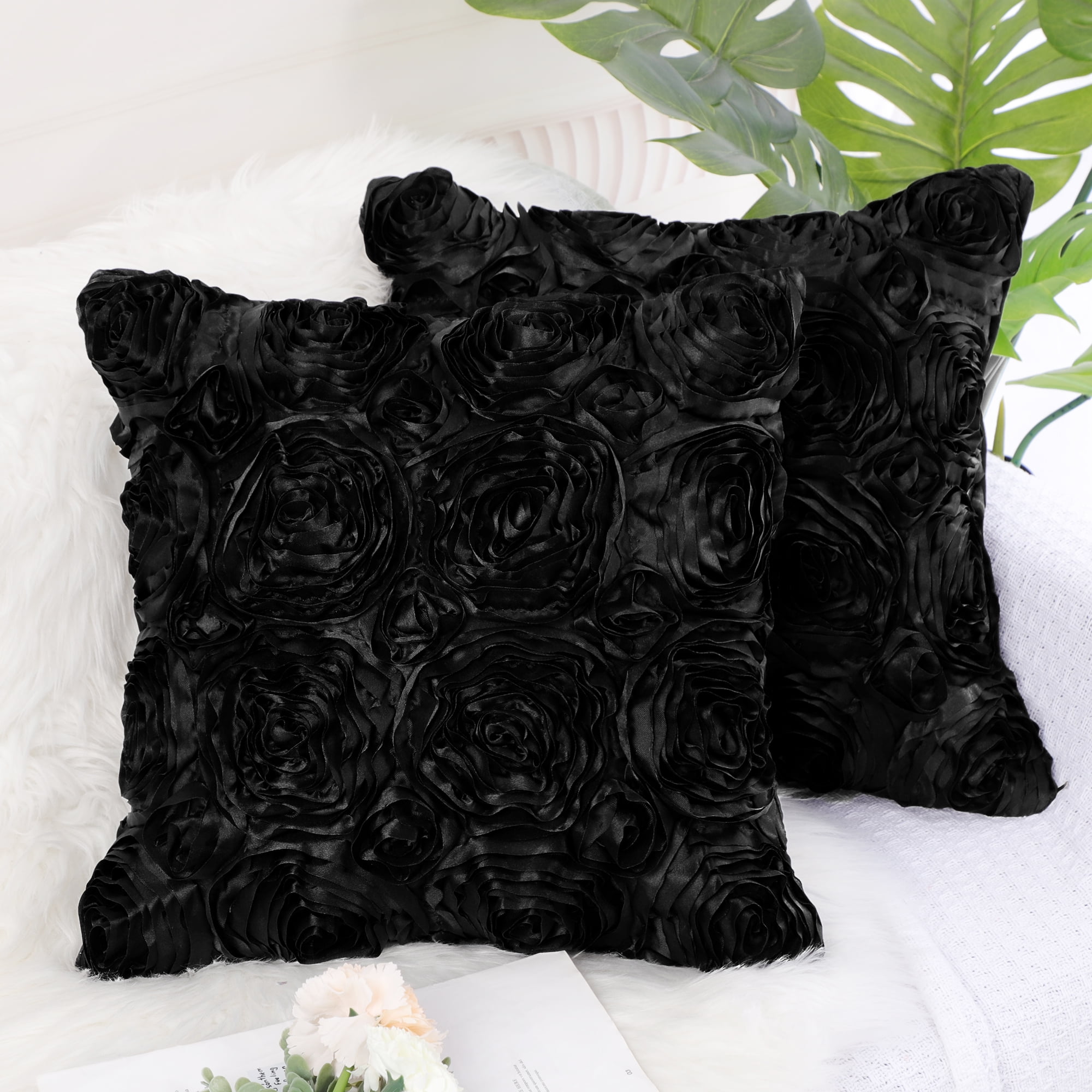 PiccoCasa Decorative Throw Pillow Covers 3D Satin Rose Flower Shells Cushion Covers, 2Pcs, 16"x16" Black