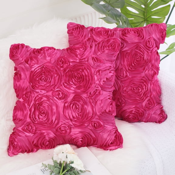 PiccoCasa Decorative Throw Pillow Covers 3D Satin Rose Flower Shells Cushion Covers, 2Pcs, 16"x16" Fuchsia