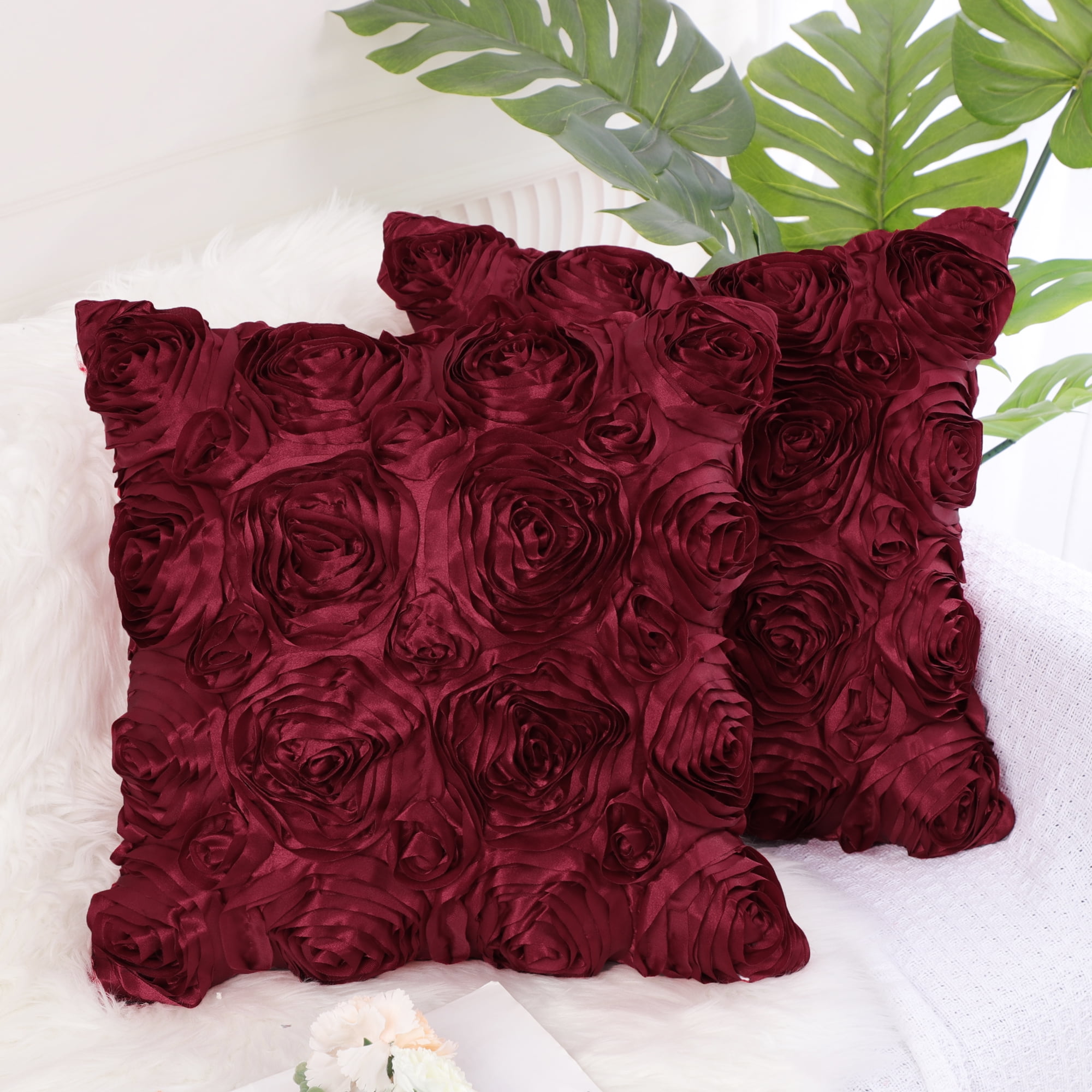 PiccoCasa Decorative Throw Pillow Covers 3D Satin Rose Flower Shells Cushion Covers, 2Pcs, 16"x16" Red Burgundy