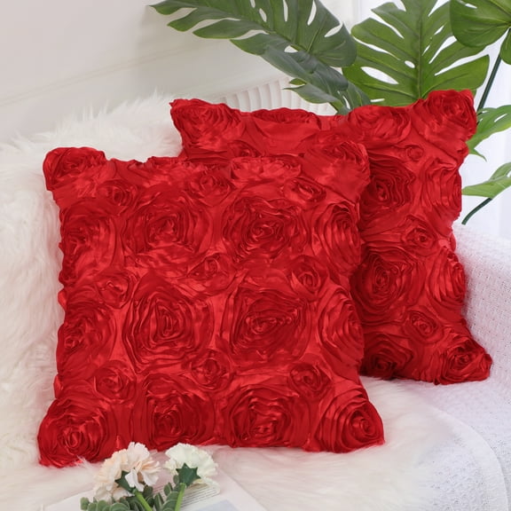 PiccoCasa Decorative Throw Pillow Covers 3D Satin Rose Flower Shells Cushion Covers, 2Pcs, 16"x16" Red