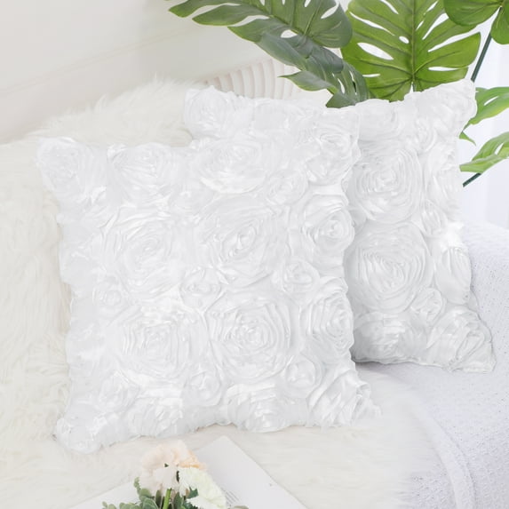 PiccoCasa Decorative Throw Pillow Covers 3D Satin Rose Flower Shells Cushion Covers, 2Pcs, 16"x16" Snow White