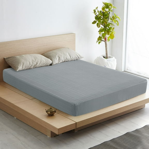 REGALWOVEN 100GSM Microfiber Striped Bed Fitted Sheet, 16 Inch Deep Pocket Bed Mattress Cover Dark Gray Full