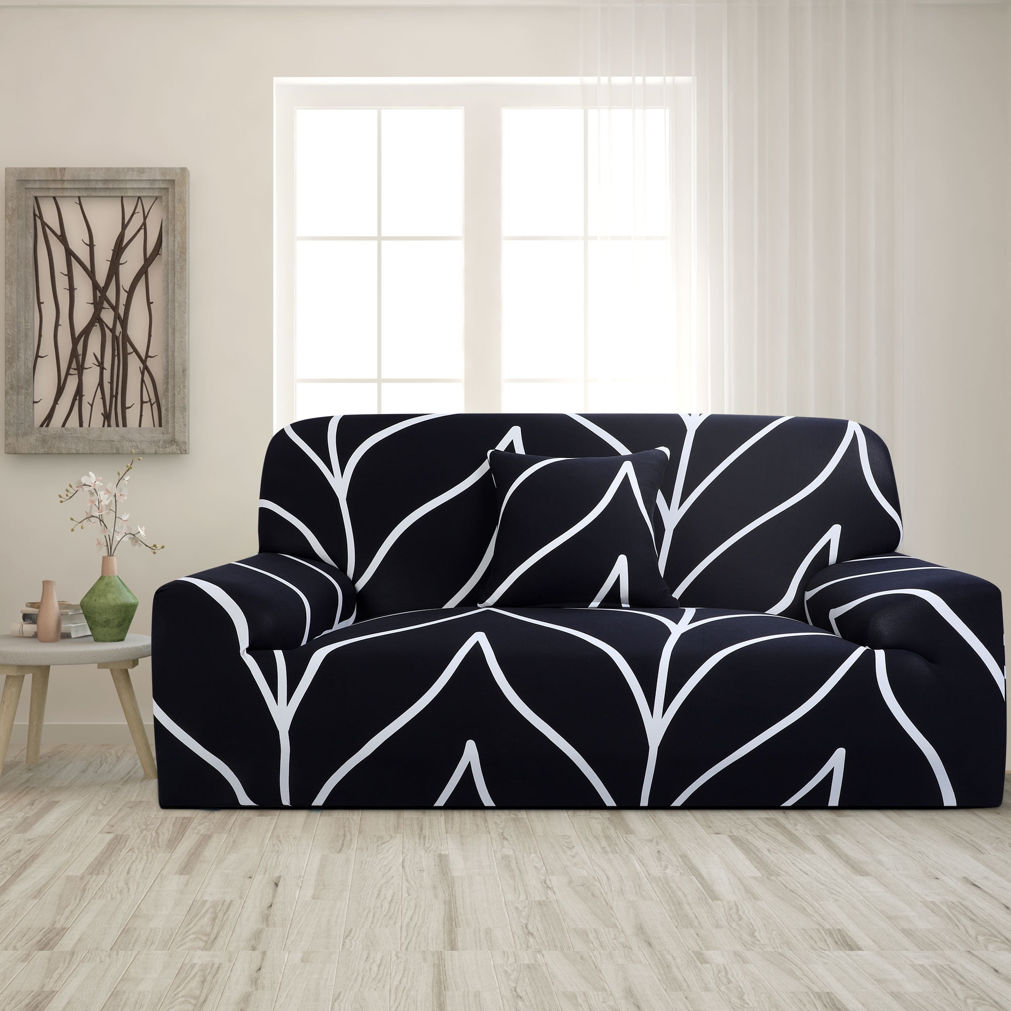PiccoCasa Elastic Spandex Sofa Slipcover Branches Pattern Couch Cover, Black 57"-72"