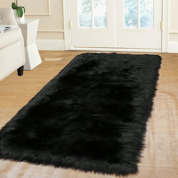 PiccoCasa Faux Fur Area Rug Fluffy Carpet for Bedroom, Black, 2x5 Feet