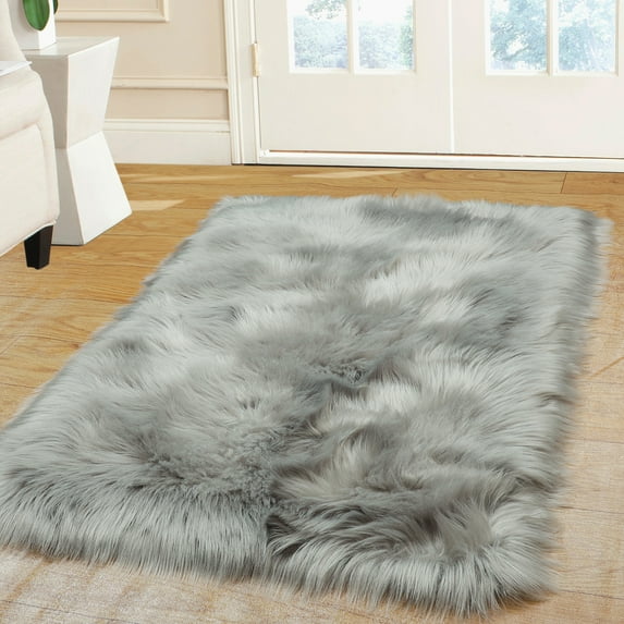 PiccoCasa Faux Fur Area Rug Fluffy Carpet for Bedroom, Light Gray, 2x3 Feet