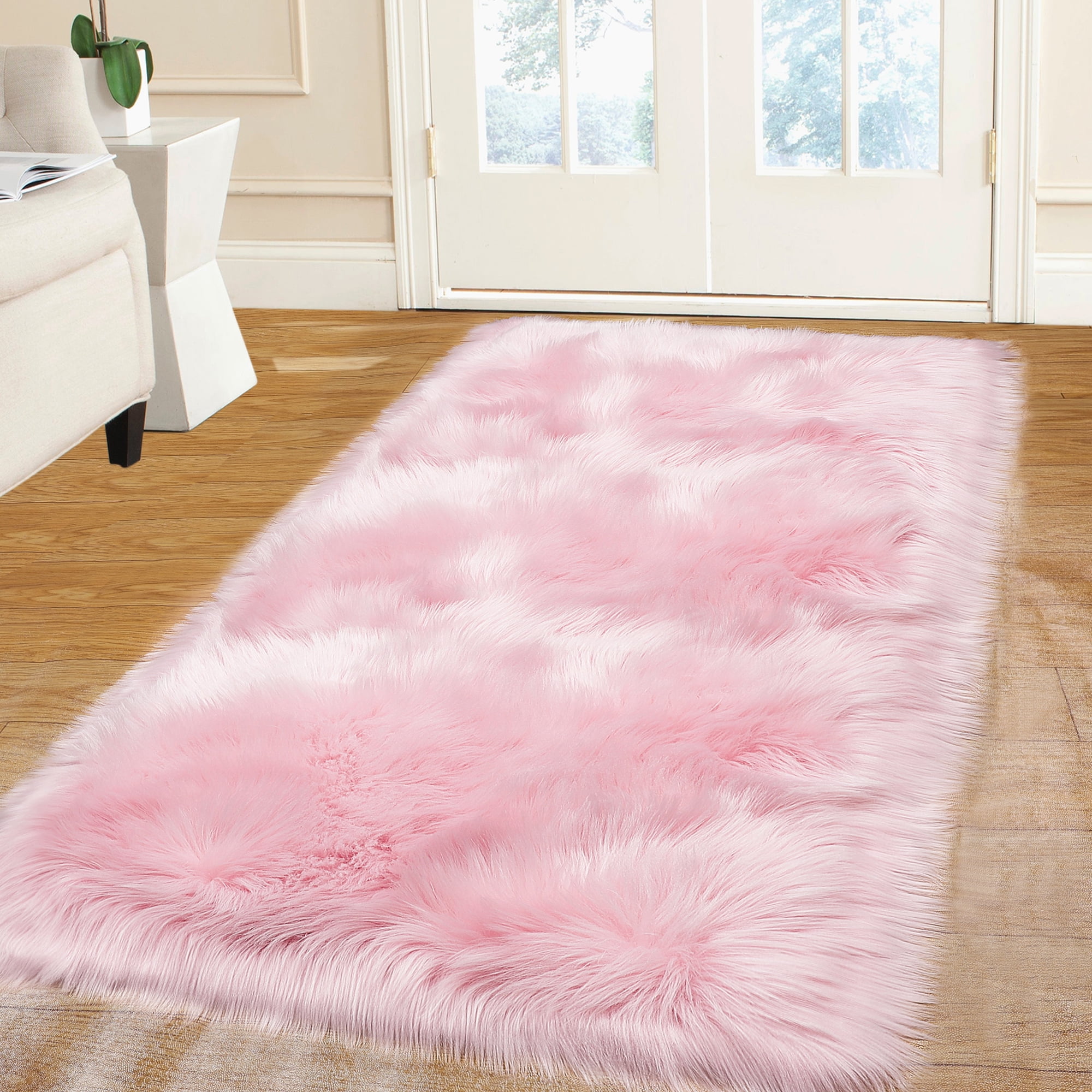 PiccoCasa Faux Fur Area Rug Shaggy Runner Rug, Light Pink 2x5 Feet