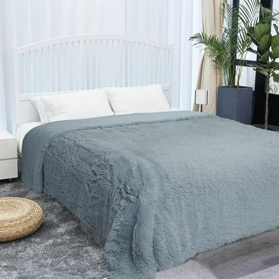 PiccoCasa Faux Fur Plush Blanket Throw Blanket for Couch, Pale Gray Queen(90"x90")