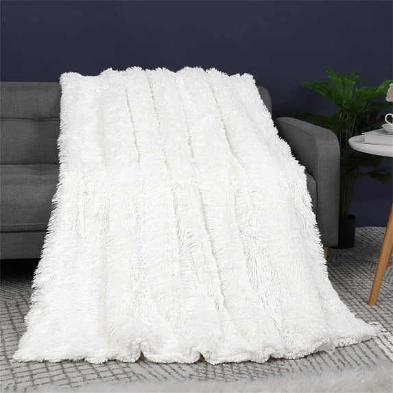 PiccoCasa Faux Fur Plush Blanket Throw Blanket for Couch, White Throw(50"x60")