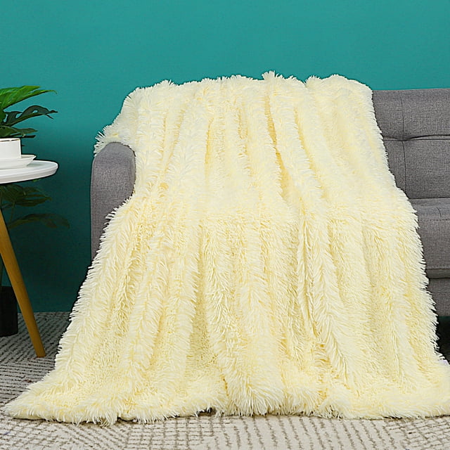 PiccoCasa Faux Fur Plush Throw Blanket Decorative Blanket, Pale Yellow