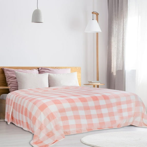 PiccoCasa Flannel Fleece Blanket Sofa Blankets for Couch Sofa, Pink and White Queen/90"x90"