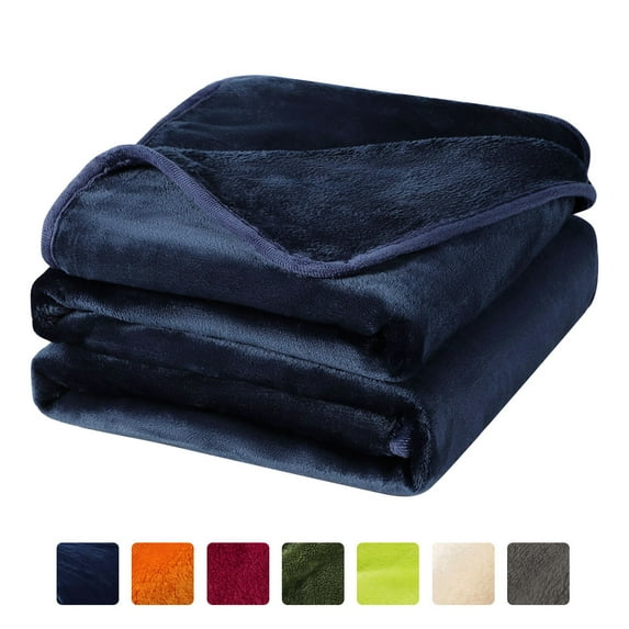 PiccoCasa Flannel Fleece Blanket Soft Warm Luxury Hemmed Navy Blue 90"x90"