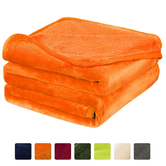 PiccoCasa Flannel Fleece Blanket Soft Warm Luxury Hemmed Orange 65"x90"
