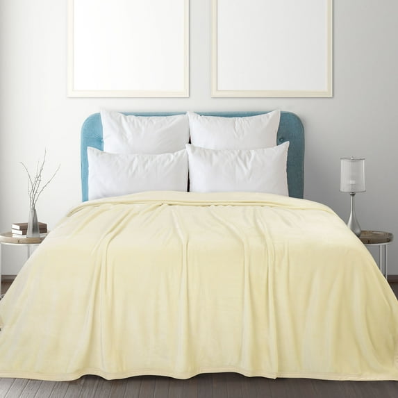 PiccoCasa Flannel Fleece Blanket Soft Warm Wide Hemmed Beige Queen
