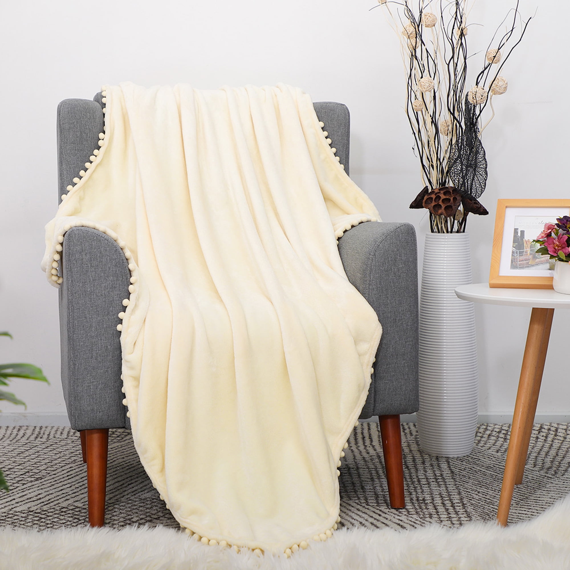 PiccoCasa Flannel Fleece Blanket W Pompom Fringe Safety Cream White