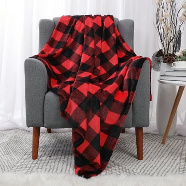 PiccoCasa Flannel Fleece Checkered Decorative Throw Blankets for Sofa Couch Bed, Scarlet and Black Twin (60"x78")