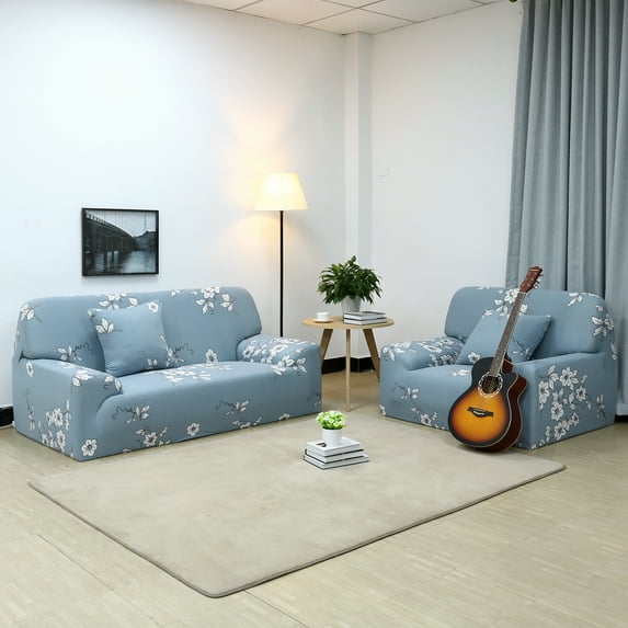 PiccoCasa Floral Print Decor Sofa Slipcover Washable Furniture Protector, Large Pale Blue