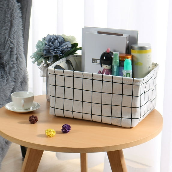 PiccoCasa Foldable Storage Basket Drawstring Closure Closet Box Organizer, White Plaid, Medium