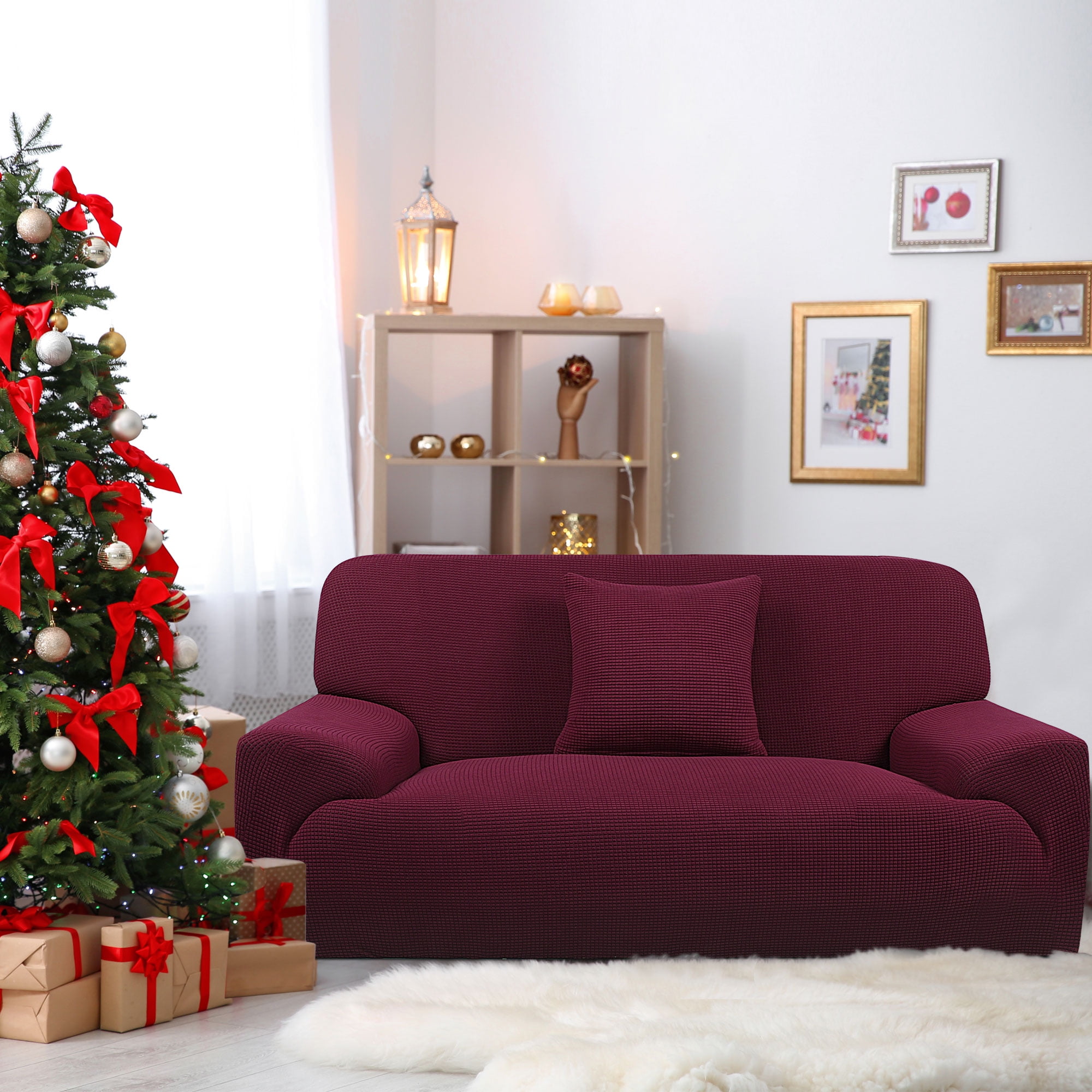 PiccoCasa Jacquard Sofa Covers Strech Thick Couch Slipcover, Burgundy 2 Seater (53" - 67")
