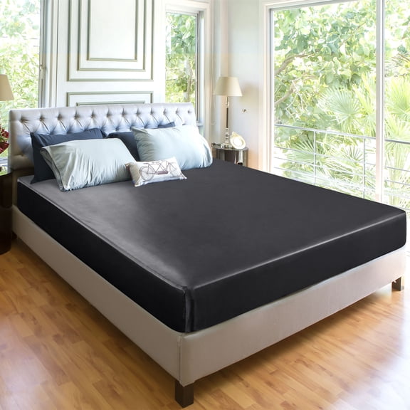 PiccoCasa King Size Satin Fitted Sheet with 12" Deep Pocket, 79"x77" Black