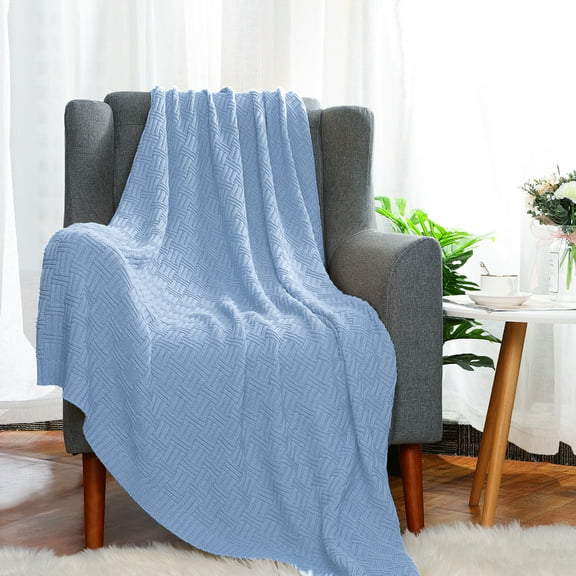 PiccoCasa Knitted Throw Blanket for Couch or Bed, Light Blue 47"x70"